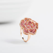 Load image into Gallery viewer, 3D Rose shape Pink Sapphire and diamond Estate 18K rose gold Ring