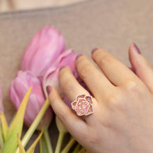 Load image into Gallery viewer, 3D Rose shape Pink Sapphire and diamond Estate 18K rose gold Ring
