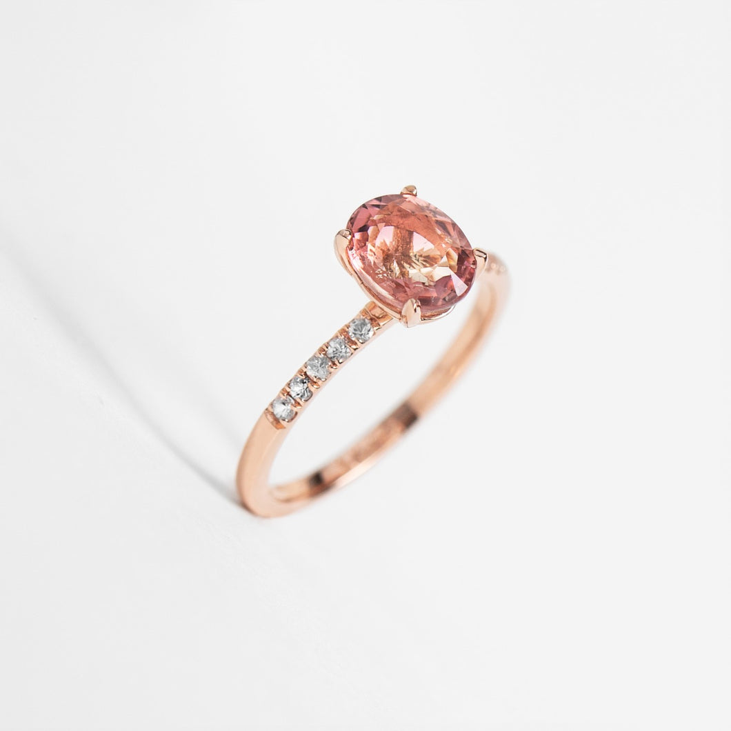 Pink Oval Tourmaline with white sapphire pave 14K Rose Gold Ring