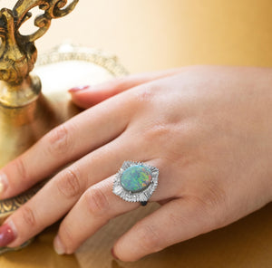 Natural Australian Opal with diamonds halo platinum Ring