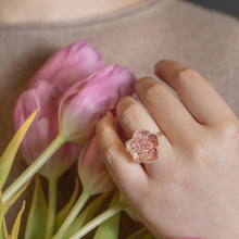 Load image into Gallery viewer, 3D Rose shape Pink Sapphire and diamond Estate 18K rose gold Ring
