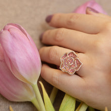 Load image into Gallery viewer, 3D Rose shape Pink Sapphire and diamond Estate 18K rose gold Ring
